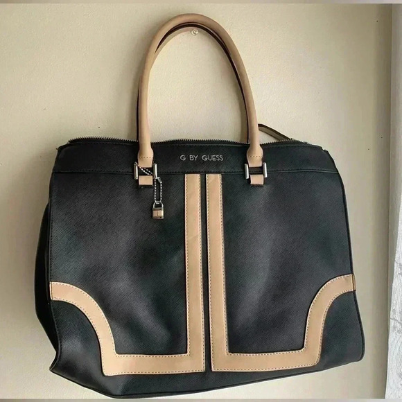 G by Guess Tote Black with Tan Detail Pebbled Leather Travel Bag Shoulder Bag - Picture 1 of 16